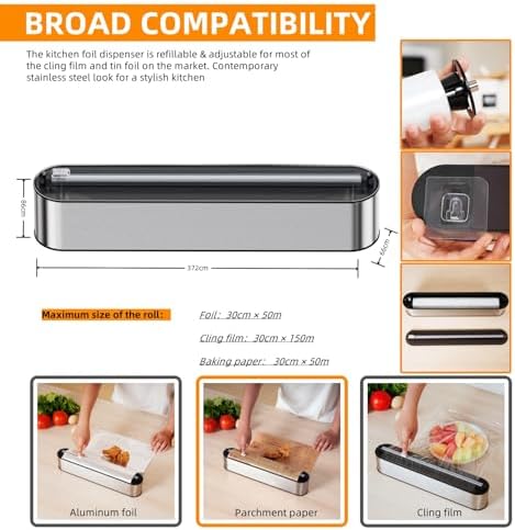 Aluminum Foil & Plastic Wrap Dispenser with Cutter - Magnetic & No-Drill Wall Mount, Stainless Steel Design, Space-Saving Kitchen organizer for Countertops & Cabinets - Fits 12" Rolls, Silver - Image 5