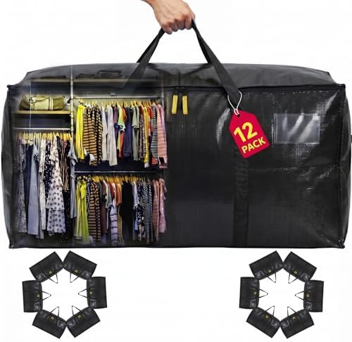 Wide-Top-Opening Moving Bags Heavy Duty,Extra Large Moving Bags for Travel/College Packing/Storage/Organization/Seasonal Clothes & Bedding Storage,Moving Supplies Bins (Black,12Pcs) by Unknown