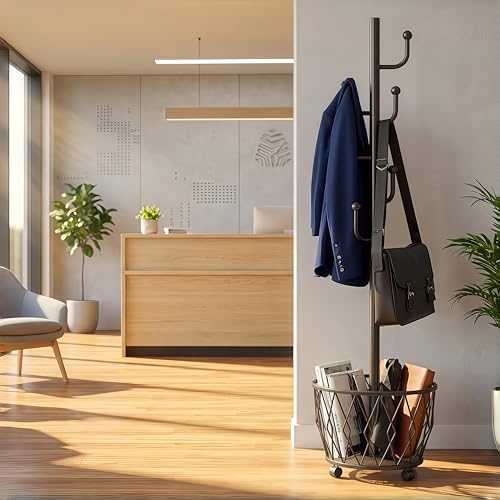 Black Moveable Cactus Metal Coat Rack with Basket Freestanding 65" - Image 4