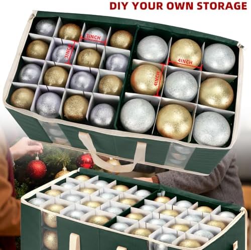 JY COOKMENT Christmas Ornament Storage Box with Adjustable Dividers and Side Pockets, Large Ornaments Storage Container Bin with Zippered Top for Xmas Decorations (128-3" Balls, Green, Without Tray) - Image 7