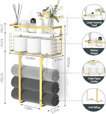 Towel Racks for Bathroom, Bathroom Shelf Over Toilet,Floating Shelves with Towel Rack Paper Holder Storage Basket,Floating Shelves for Wall Decor,Gold - Image 3