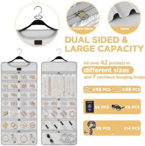 SMRITI Hanging Jewelry Organizer with Dual Zippered Pockets Canvas Double Sided Rotating Hanger Necklace Hanging Wall Organizer Earring Dustproof Holder Wall Mount Accessories Display Bag(Light Grey) - Image 5