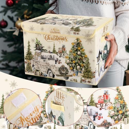Briwooody Christmas Storage Bin with Lid and Carrying Handle Christmas Foldable Storage Box Large Xmas Decorative Collapsible Container Basket for Organizing Closet Home Bedroom Gift(Truck) - Image 3