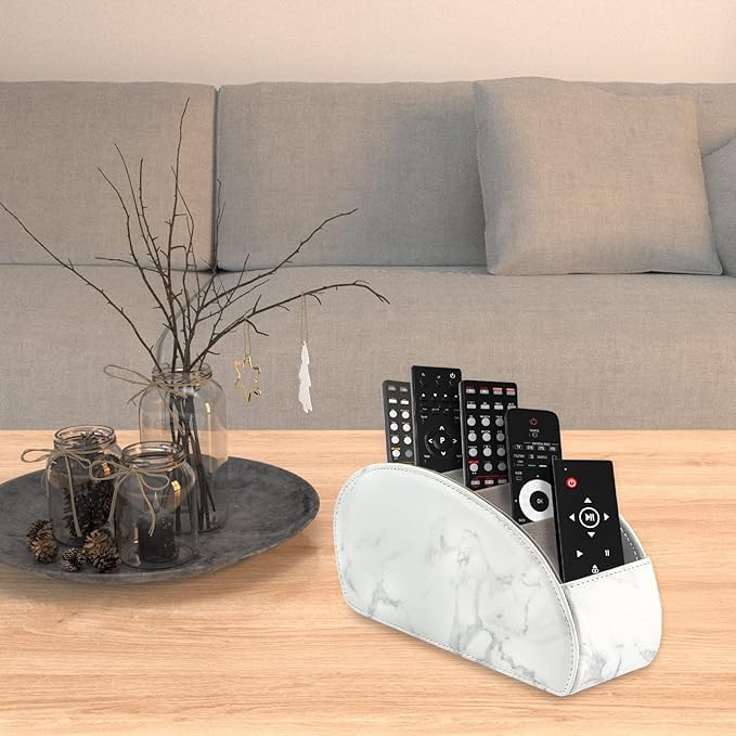 Remote Control Holder with 5 Compartments – [Upgrade Version] PU Leather Remote Caddy Desktop Organizer Store TV, DVD, Blu-Ray, Media Player, Smart Phones, Heater Controllers(Marble white) - Image 3