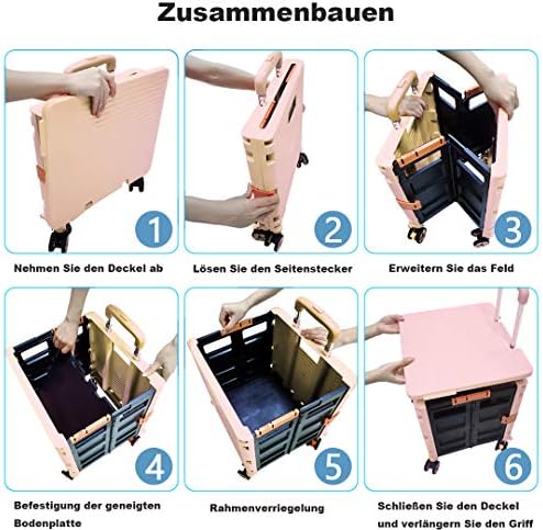 Foldable Utility Cart Folding Portable Rolling Crate Handcart Shopping Trolley Wheel Box with Lid Wear-Resistant Noiseless 360°Rotate Wheel for Travel Shopping Moving Storage Office (Pink) - Image 3