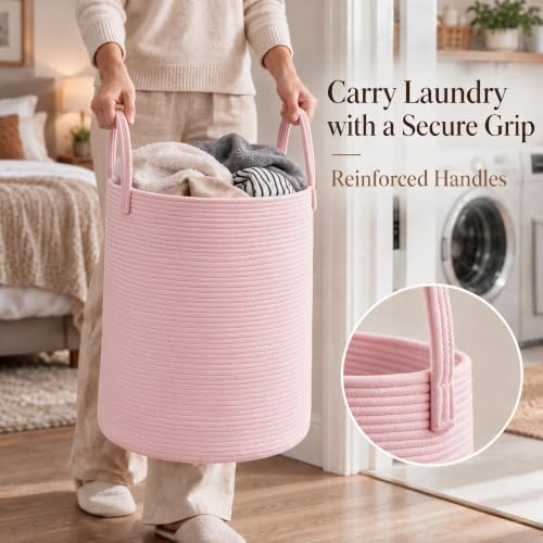 JMvicyroam 80L Cotton Rope Laundry Basket Hamper, Pink - Image 3