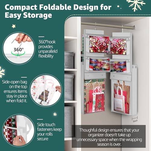 Hanging Wrapping Paper Organizer Storage, Over Door Gift Wrap Roll Holder - Image 3