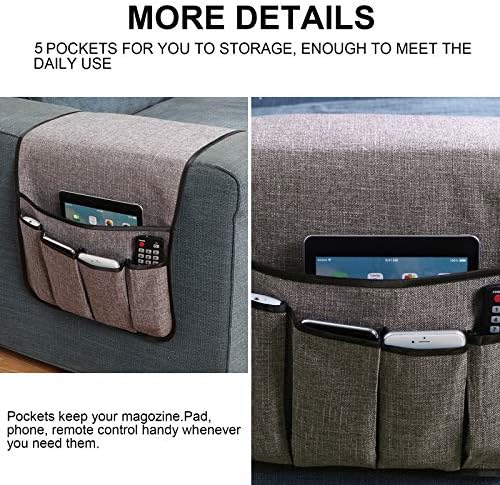 Sofa Armrest Organizer Non-Slip Remote Control Holders for Recliner Couch Chair Armchair Caddy with 5 Pockets for Table,Cell Phone,Ipad,Magazines,Books (Lightgrey, 13 x 35 Inch) - Image 2
