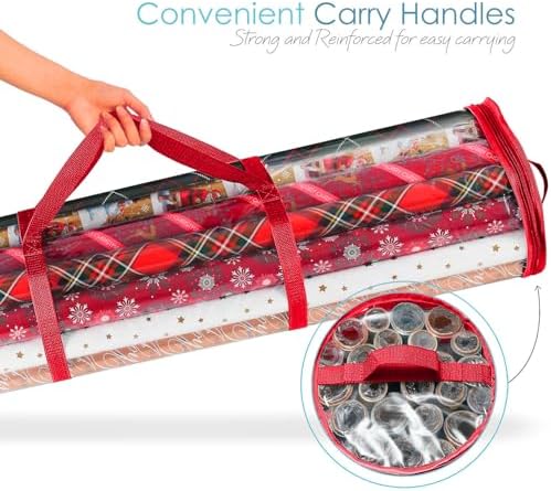 Hearth & Harbor Wrapping Paper Storage Container and Clear Wrap Paper Holder - Christmas Storage Bag with Interior Pockets - Fits Up to 36 Rolls of 40" - Tear Proof, Red - Image 6