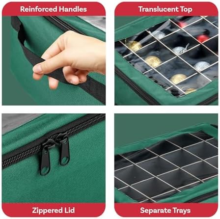 Ornament Storage Box - Zippered Organizer with 48 Individual Compartments and Dividers for Christmas Bulbs and Decorations by Tiny Tim Totes (Green) - Image 3