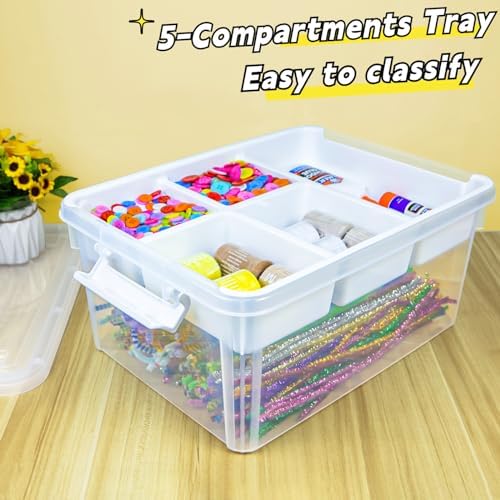 Creahaus 17 Quart Plastic Storage Box with Removable Tray Durable Craft Organizers and Storage Stackable Storage Container for Organizing Bead, Art, Sewing, Playdoh (Clear) - Image 2
