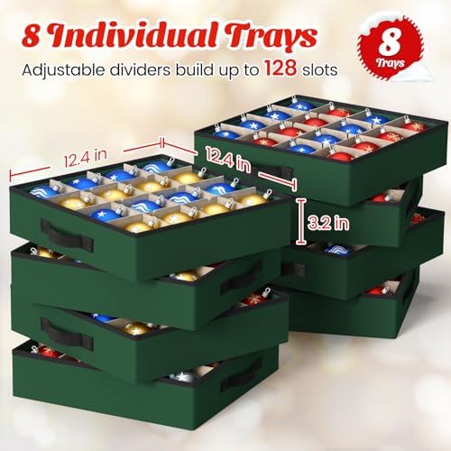 Christmas Ornament Storage Box - Ultra Large Drawer Ornament Organizer with 8 Separate Trays & Adjustable Dividers, Portable Ornaments Box with Cover & Handle for Holiday Decorations(Green) - Image 2