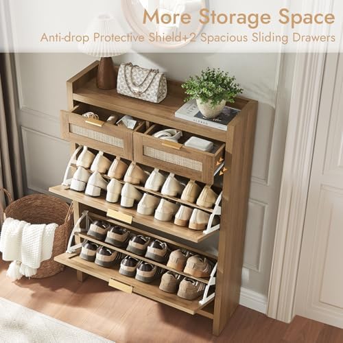 HOKYHOKY Rattan Shoe Storage Cabinet with 2 Drawers & 2 Flip Drawers - Image 4