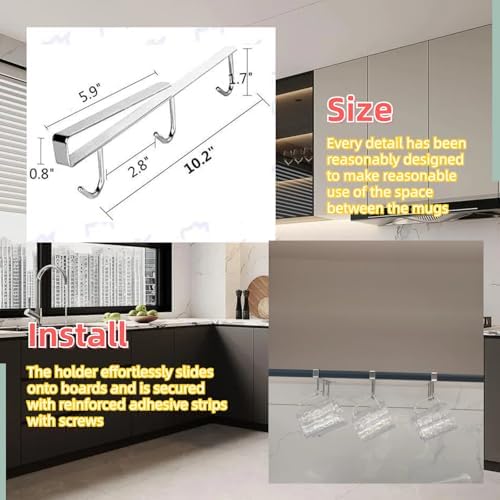 Mug Hooks Under Cabinet , 304 Stainless Steel Cup Hooks for Hanging Under Shelf, Mug Organizer Rack with 6 Hooks for Displaying Mugs, Coffee Cups and Kitchen Utensils,Fit for 0.8" or Less thickness - Image 5