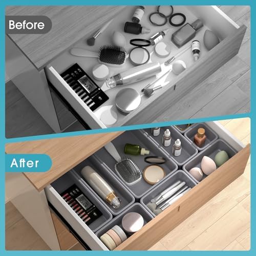 33 PCS Drawer Organizer Set, 4 Size Makeup Drawer Divider Organizer With Non-Slip Pads, Interlocking Plastic Storage Bins for Office,Jewelry Vanity,Gadgets, Bathroom,Kitchen, Grey - Image 6