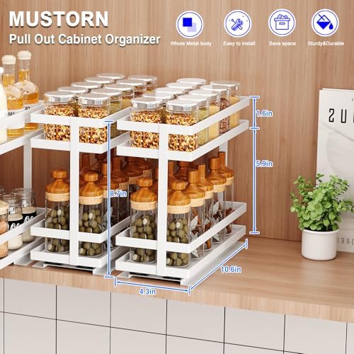 Mustorn 4 Pack Pull Out Spice Rack Organizer for Cabinet, 2 Tier Metal Slide Out Seasoning Organizer and Storage Heavy Duty Vertical Spice Rack Shelf Pullout for Kitchen Cabinets No Drilling (White) - Image 6