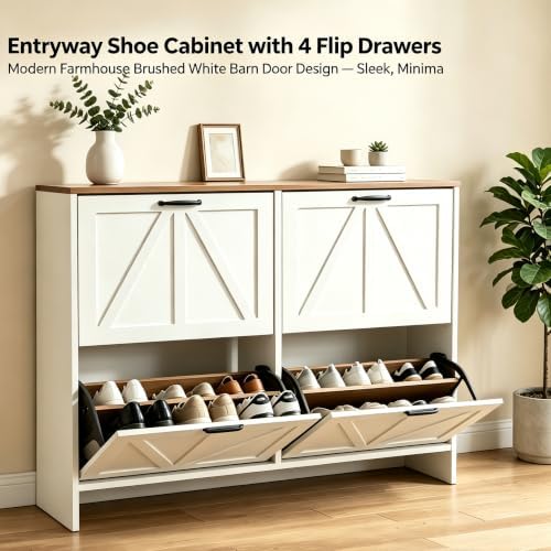 Nicetree Shaker Barn Door Shoe Cabinet, 4 Flip Drawers & 3Tier Adjustable Shelves, Ultra Slim Freestanding, Modern Rustic Brushed White Farmhouse Shoe Rack for Entryway, Hallway, Foyer & Mudroom White - Image 3