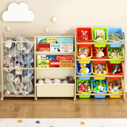 3-in-1 Toy Storage Organizer with Bookshelf, 12 Bins & Kids Plush Storage by Orekemo