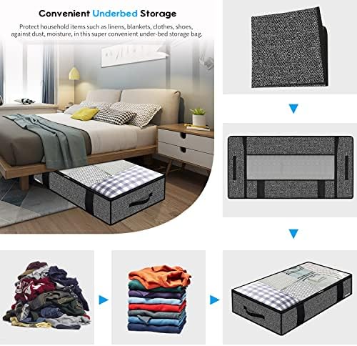 Onlyeasy Foldable Underbed Bags - 2 Pack Blankets Clothes Comforters Storage Bag Breathable Zippered Organizer for Bedroom with Clear Window and 4 Handles, 100 x50 x15cm, Linen-Like Black, MXAUBBP2 - Image 3