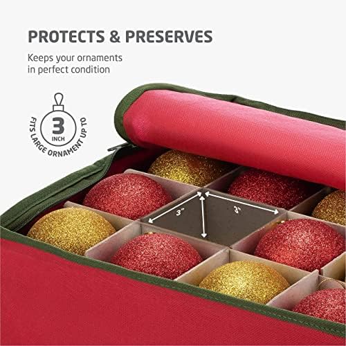 ZOBER Christmas Ornament Storage Box - Stores 64 3" Ornaments, With Dividers - Ornament Organizer Storage Box, Durable Christmas Containers Holder, Dual Zipper - Red - Image 4