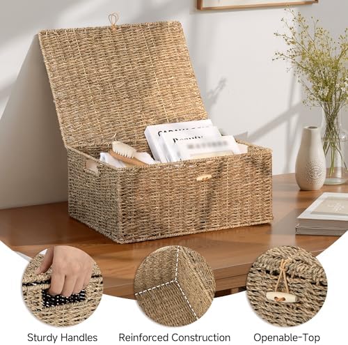 StorageWorks Wicker Basket with Lid, Storage Baskets with Lids, Seagrass - Image 3