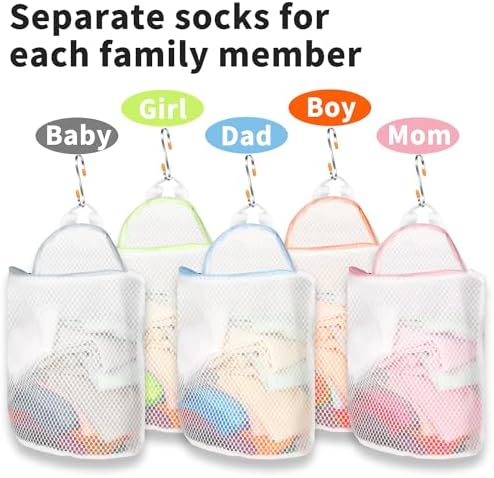 5Pcs Hanging Laundry Bags for Socks with S Hooks,12 X 10 inch 5 Color Mesh Laundry Bags for Washing Machine - Image 3