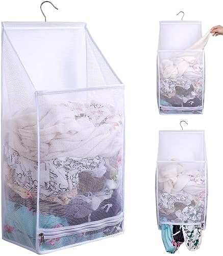 Hanging Collapsible Breathable Mesh laundry bags,Fast Drying Portable Space Saving Laundry Hamper for dorm,Rv Laundry Hamper Storage (White) by GUMQDD