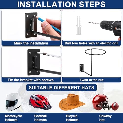 Potchen 3 Pack Helmet Holder Wall Mount Motorcycle Helmet Hanger Rack Bulk - Image 4