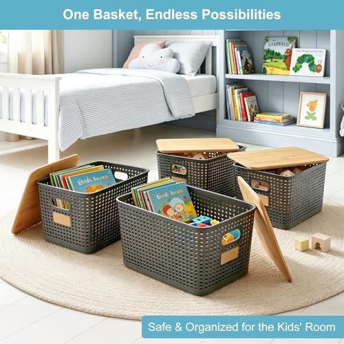 Bagnizer 2 Pack Tall Plastic Storage Bins with Bamboo Lids, 10.8qt Stackable Storages Baskets for Organizing Desktop Closet Playroom Classroom Office, 12"L x 8.3"W x 6.1"H, Gray - Image 5