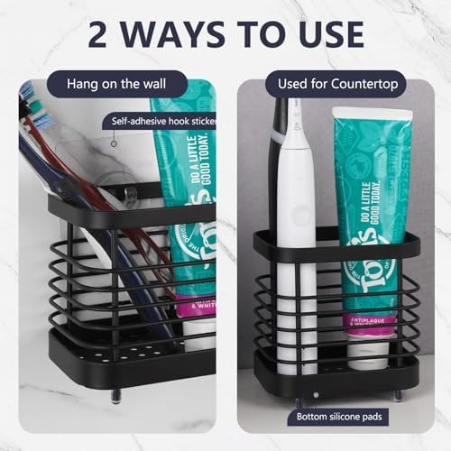 Wall Mount Toothbrush Holder for Bathroom, Stainless Steel Rustproof Toothbrush and Toothpaste Holder Organizer, Electric Toothbrush Holder Self Adhesive Wallmount/Countertop Organizer(Black Small) - Image 4