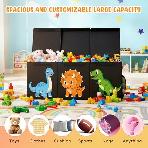 Extra Large Collapsible Toy Box Chest, Sturdy Dinosaur Toy Storage Organizer with Lids, 40"x16"x14", Toy Box for Boys Girls, Cute Kids Bin Baskets for Living Room, Playroom, Nursery, Bedroom, Black - Image 4