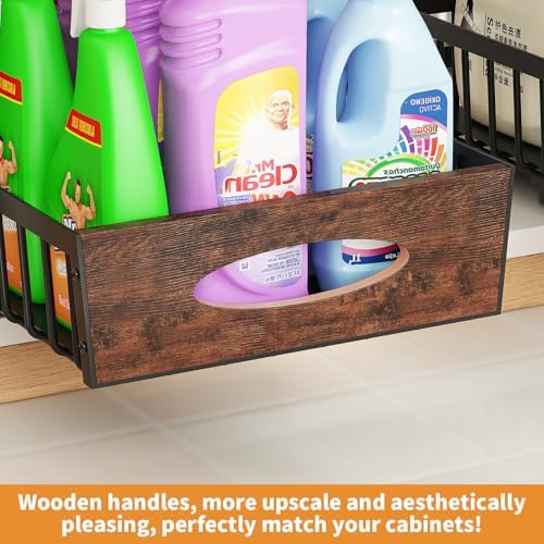 2-Tier Under Sink Organizer with Wooden Drawer Handle, 2 Pack Adjustable Height Pull Out Cabinet Organizer Shelf,Slide out Storage Drawer Rack for Kitchen Bathroom Laundry Room Pantry - Image 6