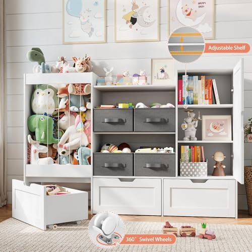 61" W Kids Toy Storage Organizer with Stuffed Animal Storage, 3 Movable Storage Drawers, 4 Removable Storage Bins, Wooden Bookshelf with Magnetic Drawing Board for Kids Room & Playroom, White - Image 4