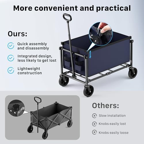 29.3" Collapsible Wagon Cart, 150L Heavy Duty Folding Utility Wagon with Wheels, 260 lbs Load, Portable Rolling Cart for Garden, Shopping, Sports, Camping, DarkBlue - Image 6