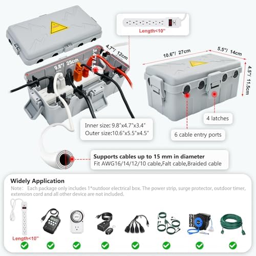 Hrensaw Medium Outdoor Electrical Box(10.6x5.5x4.5inch),Weatherproof Connection Box w/6 Cable Entry,IP54 Waterproof Extension Cord Cover Protect Power Strip,Timer,Plug,Holiday Lights,Grey (Pack of 2) - Image 2