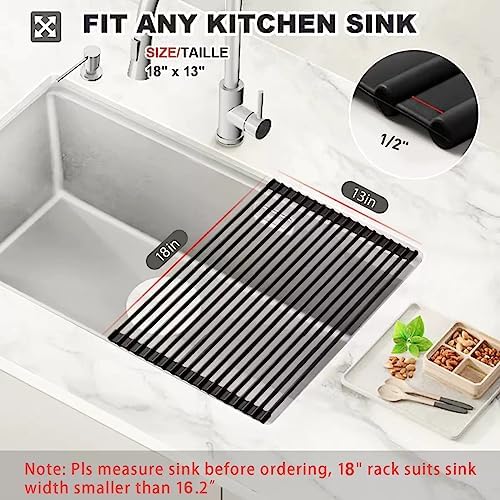 MERRYBOX Roll Up Dish Drying Rack, Silicone Wrapped Over The Sink Dish Rack Foldable Dish Drainer Anti-Slip Dish Racks for Kitchen Counter, Multipurpose Kitchen Sink Drying Rack, 18" x 13", Black - Image 2