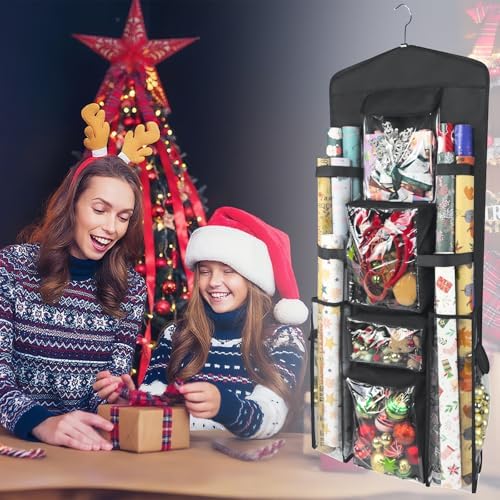 Wrapping Paper Organizer, Double-Sided Hanging, Over Door Gift Wrap Storage with Multiple Pockets, Side Pockets, Elastic Straps, Organize Ribbons, Bows, Tools, Space-Saving Closet,Cabinet Design,Black - Image 2
