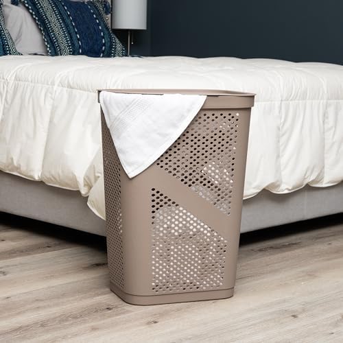 Mind Reader 60L Slim Laundry Hamper, Clothes Basket, Lid, Ventilated, Plastic, Set of 2, Tan - Image 2