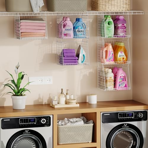 3-Pack Extra-Tall 13.6'' Hanging Laundry Basket Organizer, Foldable Wire Shelf with 360° Rotating Hooks & Reinforced Height - Durable Space-Saving Laundry Room & Closet Organizer, White Patent - Image 4