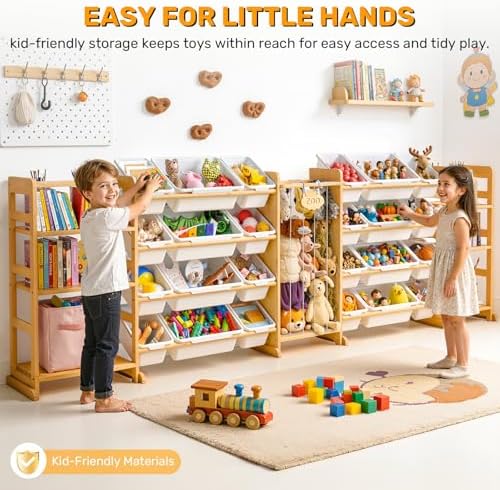 114" Large Toy Storage Organizer with Bins Shelves & Stuffed Animal Storage for Kids Wood Toddler Playroom Organization with Bookshelf Toys Box Wooden Organizers for Kids Room Nursery Bedroom - Image 5