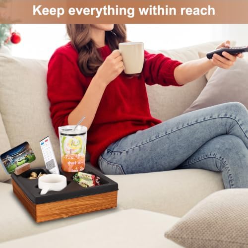 Couch Cup Holder Tray, Silicone Acacia Wooden Couch Caddy with Cup Holder for Snacks, Drinks, Remotes, Waterproof Cup Holder for Couch, Organizer, Movie Night Snack Trays - Image 2