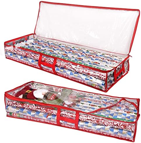 ProPik Wrapping Paper Storage Containers | Gift Wrap Organizer Under Bed | 41”x14”x6” | Box Holds 18-24 Rolls Up to 40” Long | Holder with Pockets for Ribbon, Bows and Accessories (2 Pack - Red) by ProPik