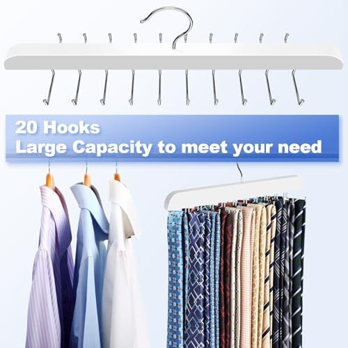 RESOVO Upgraded Tie Rack Hanger with 20 Foldable Metal Hooks, Space Saving Necktie Organizer for Men – Large Capacity Tie and Belt Wooden Hanger for Closet - White - Image 2