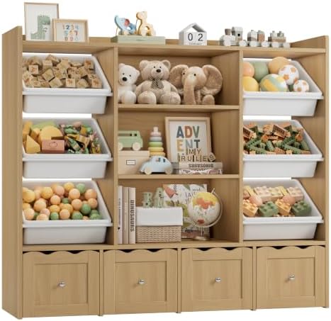 HITHOS 55"W Kids Toy Storage Organizer with 10 Toy Box & Bookshelf, Natural - Image 7