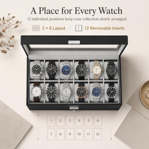 GUKA 12-Slot Watch Box Organizer with Glass Lid, 2-Tier Leather Case - Image 6