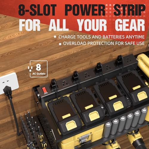 Veitorld Large Power Tool Organizer with Charging Station, 3 Layer Heavy Duty Modular Wall Mount Rack with 9 Drill Holders for Garage Workshop, Battery Utility Rack with 8-Outlet Power Strip - Image 2
