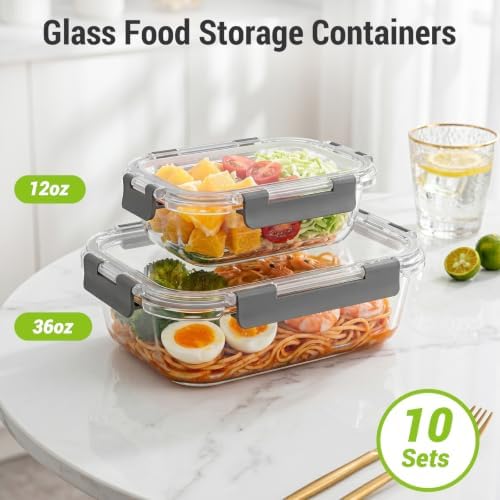 Dealusy 10 Sets 36 oz & 12 oz Glass Food Storage Containers with lids, Gray - Image 2