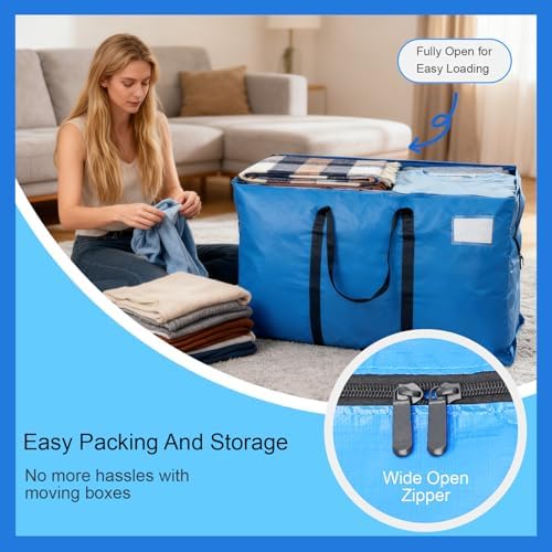 6 Pack Heavy Duty Moving Bags with Backpack Straps & Handles, Large Storage Bags with Zipper for Clothes, College Moving Supplies and Dorm Essentials (33 Gal, Blue) - Image 3