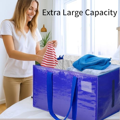 6 Pack-Extra Large Heavy Duty Moving Bags - Waterproof Storage Totes with Handles & Zippers, Foldable for College Dorm, Storage (Blue) - Image 4