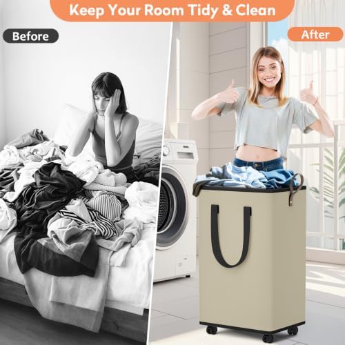 SpaceTrove Rolling Laundry Basket with Wheels, Laundry Hamper, 80L, Beige - Image 3